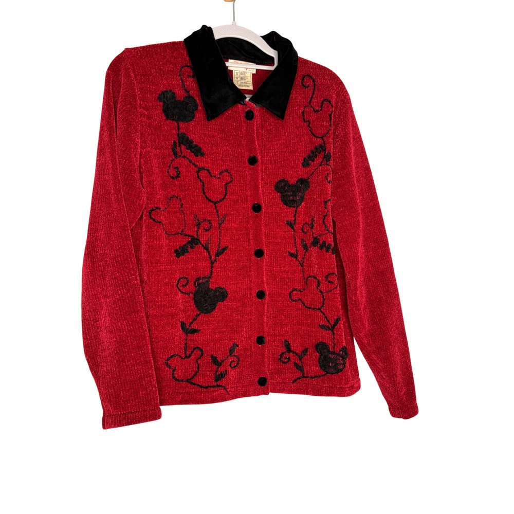 Vintage The Disney Store red Mickey Mouse floral embroidered cardigan sweater